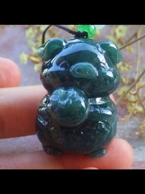 Hand-Carved Dark Green jadeite Jade good fortune Pig Pendant certificate